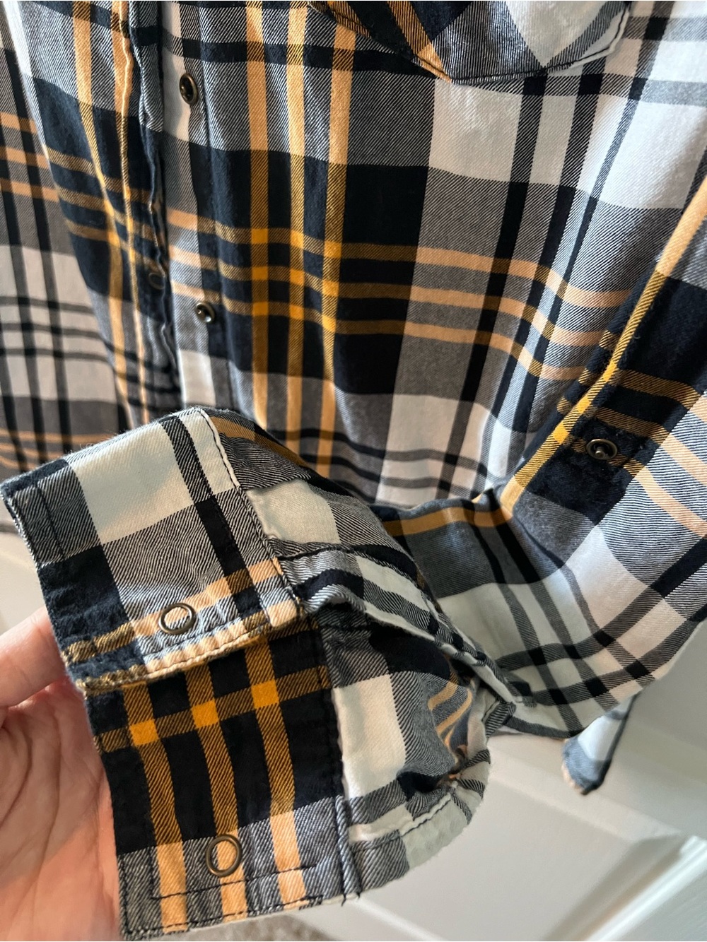 Arizona Jeans Plaid Button-Up Shirt in Black, White & Mustard - Picture 5 of 8